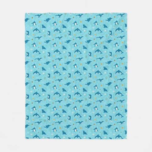 Cute Dolphin Pattern Cartoon Style in Blue Fleece Blanket