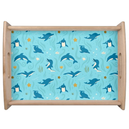 Cute Dolphin Pattern Cartoon Style in Blue Serving Tray