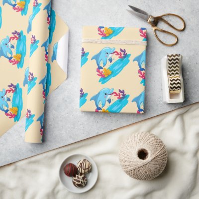 Cute Dolphin Sea Animals Kids Birthday Party Wrapping Paper
