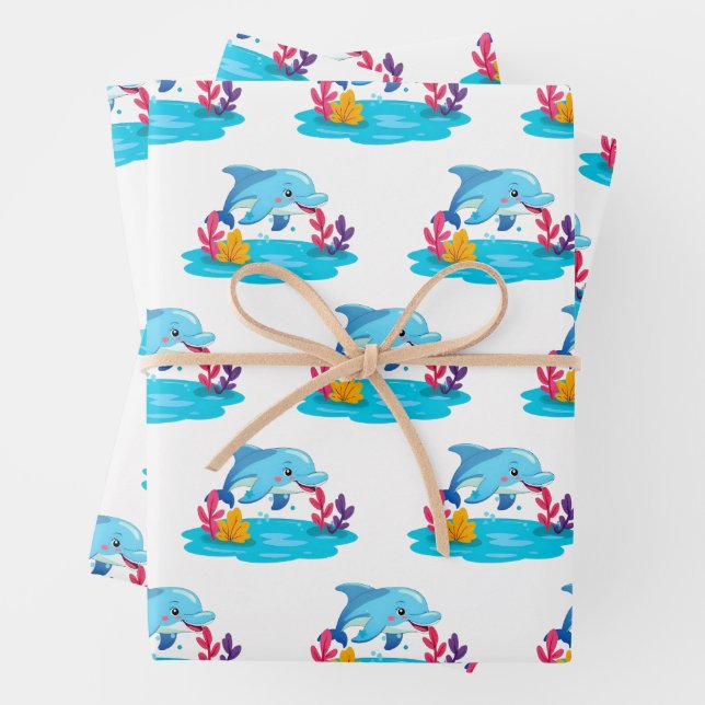 Cute Dolphin Sea Animals Kids Birthday Party Wrapping Paper Sheets (In situ)