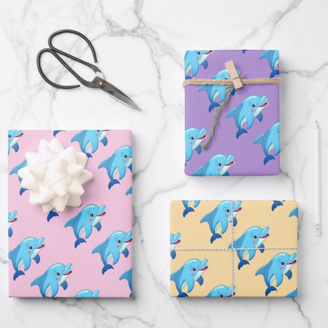 Cute Dolphin Sea Animals Kids Birthday  Wrapping Paper Sheets (Front)