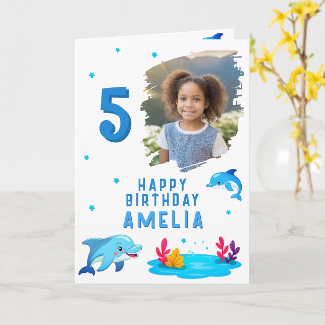 Cute Dolphin Sea Animals Photo Birthday  Card (Yellow Flower)
