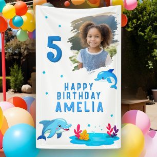 Cute Dolphin Sea Animals Photo Birthday Party Banner