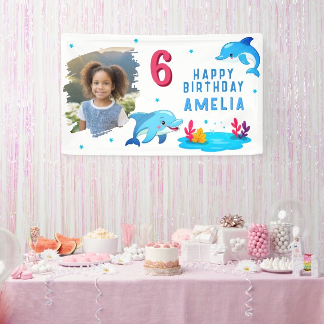 Cute Dolphin Sea Animals Photo Birthday Party Banner (Party)