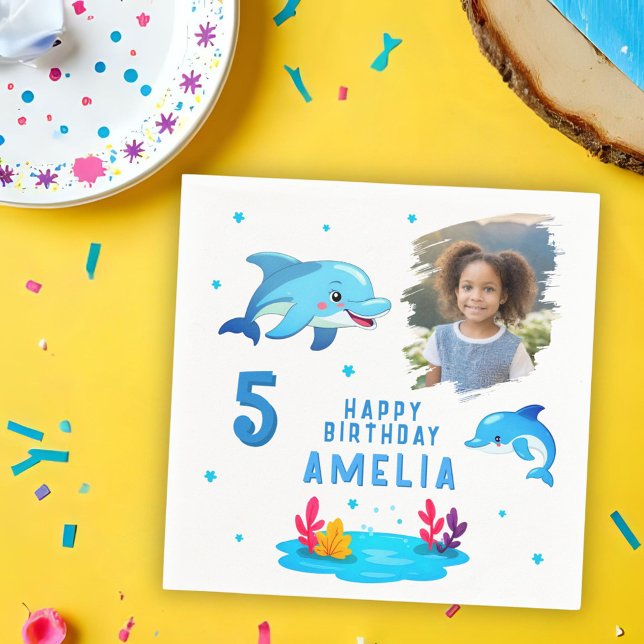 Cute Dolphin Sea Animals Photo Birthday Party Napkins (Creator Uploaded)
