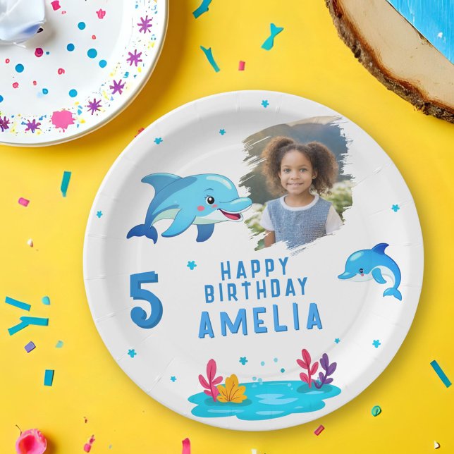 Cute Dolphin Sea Animals Photo Birthday Party Paper Plates (Creator Uploaded)