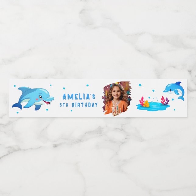 Cute Dolphin Sea Animals Photo Birthday Party Water Bottle Label (Single Label)