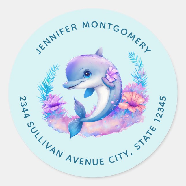 Cute Dolphin Sea Creature - Address Classic Round Sticker (Front)