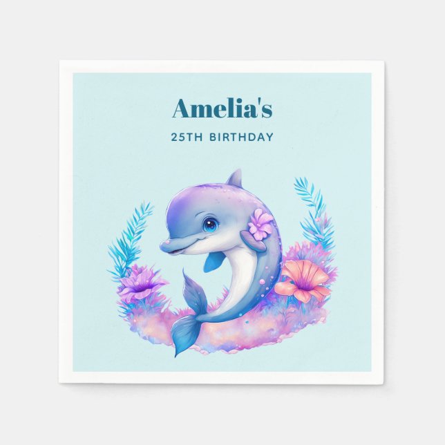 Cute Dolphin Sea Creature Birthday Napkins (Front)