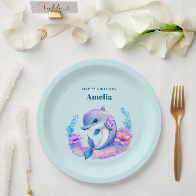 Cute Dolphin Sea Creature Birthday Paper Plates (Wedding)
