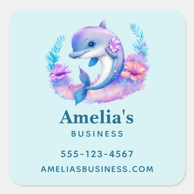 Cute Dolphin Sea Creature Business Square Sticker (Front)