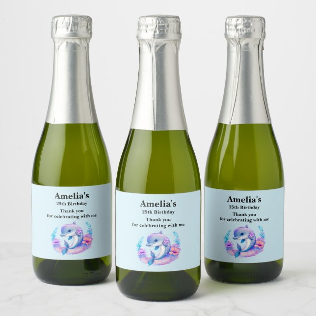 Cute Dolphin Sea Creature Party Thank You Sparkling Wine Label (Bottles)