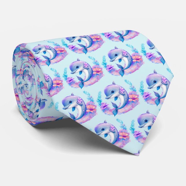 Cute Dolphin Sea Creature Pattern Neck Tie (Rolled)