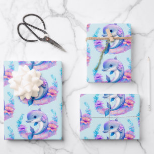 Cute Dolphin Sea Creature Pattern Wrapping Paper Sheets