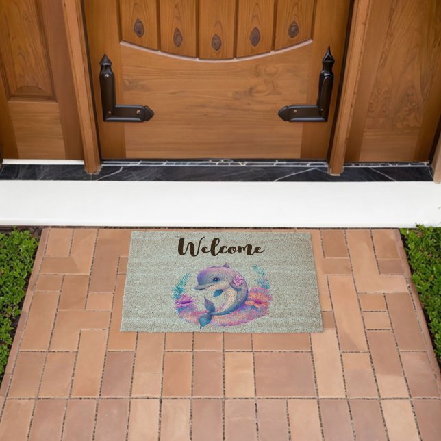 Cute Dolphin Sea Creature Welcome Fiber Doormat (Insitu (Outdoor))