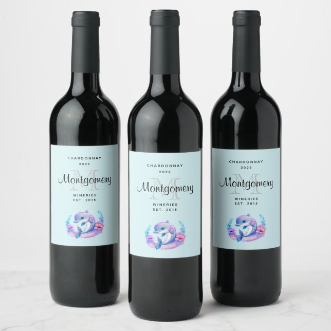 Cute Dolphin Sea Creature Wine Making Wine Label (Bottles)