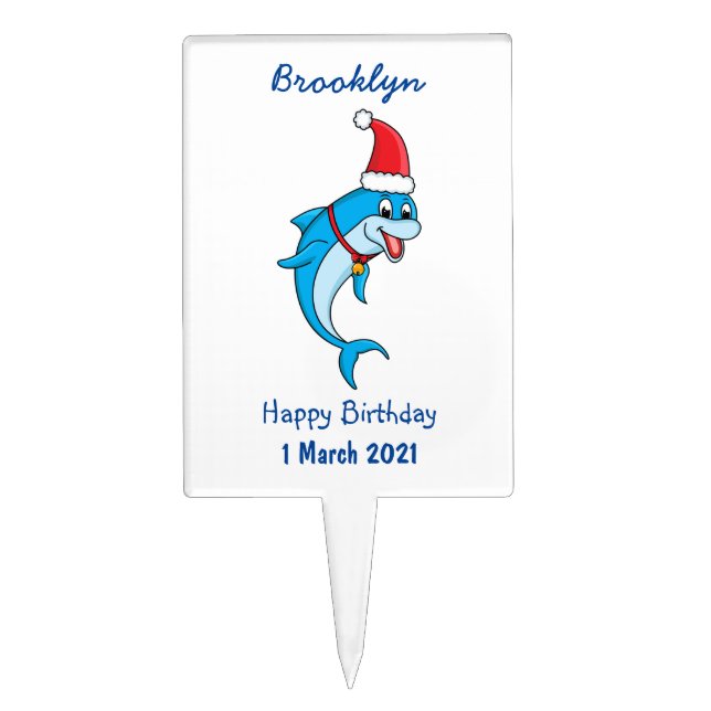Cute dolphin with Santa hat cartoon Cake Topper (Front)