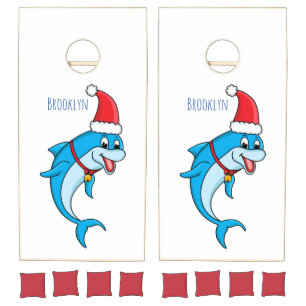 Cute dolphin with Santa hat cartoon Cornhole Set