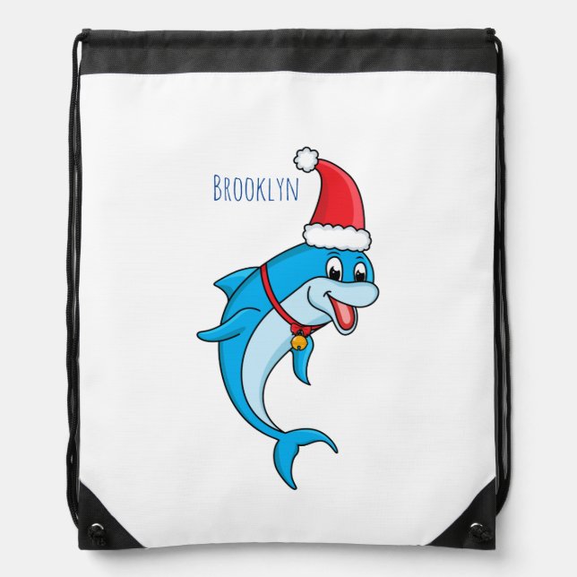 Cute dolphin with Santa hat cartoon Drawstring Bag (Front)