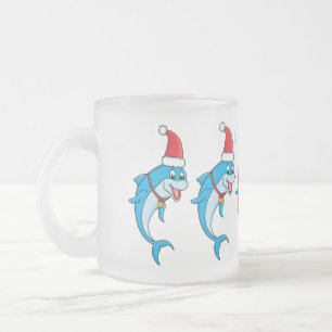 Cute dolphin with Santa hat cartoon Frosted Glass Coffee Mug