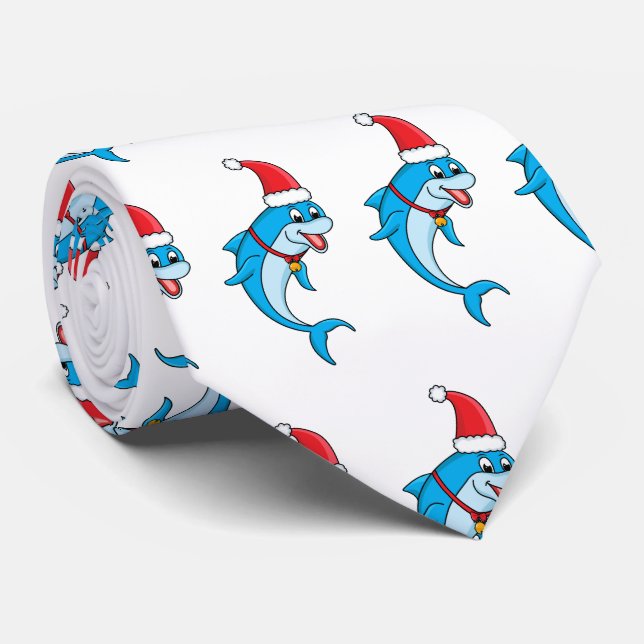 Cute dolphin with Santa hat cartoon Neck Tie (Rolled)