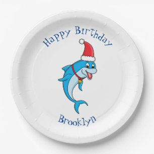Cute dolphin with Santa hat cartoon Paper Plates