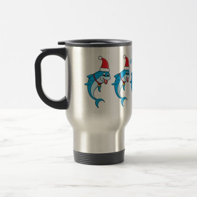 Cute dolphin with Santa hat cartoon Travel Mug (Left)