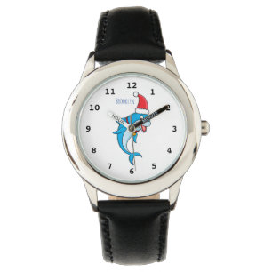 Cute dolphin with Santa hat cartoon Watch