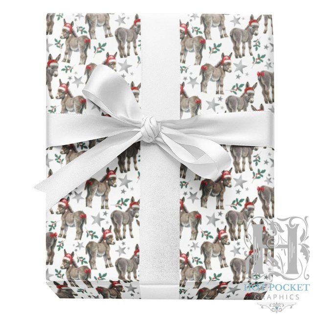 Cute Donkey Christmas Wrapping Paper in White (Creator Uploaded)