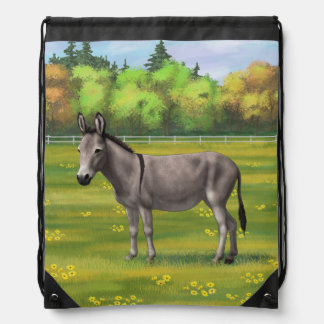Cute Donkey Gray Burro In Pasture Drawstring Bag