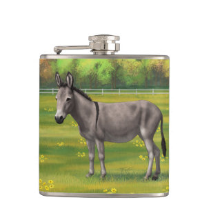 Cute Donkey Gray Burro In Pasture Flask