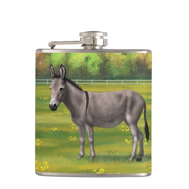 Cute Donkey Gray Burro In Pasture Flask (Front)