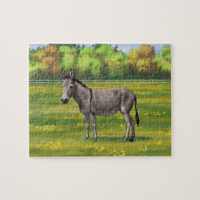 Cute Donkey Gray Burro In Pasture Jigsaw Puzzle (Horizontal)