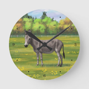 Cute Donkey Gray Burro In Pasture Round Clock