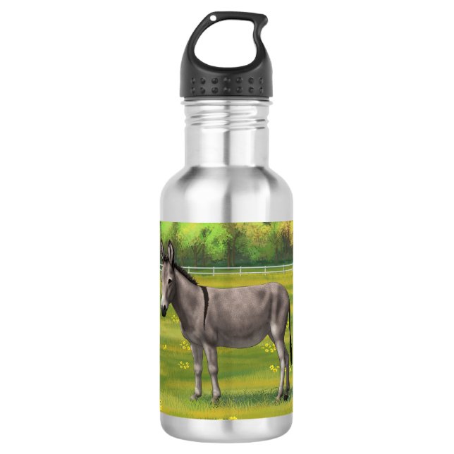 Cute Donkey Gray Burro In Pasture Stainless Steel Water Bottle (Front)