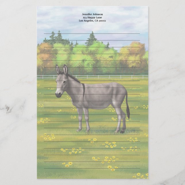 Cute Donkey Gray Burro In Pasture Stationery (Front)