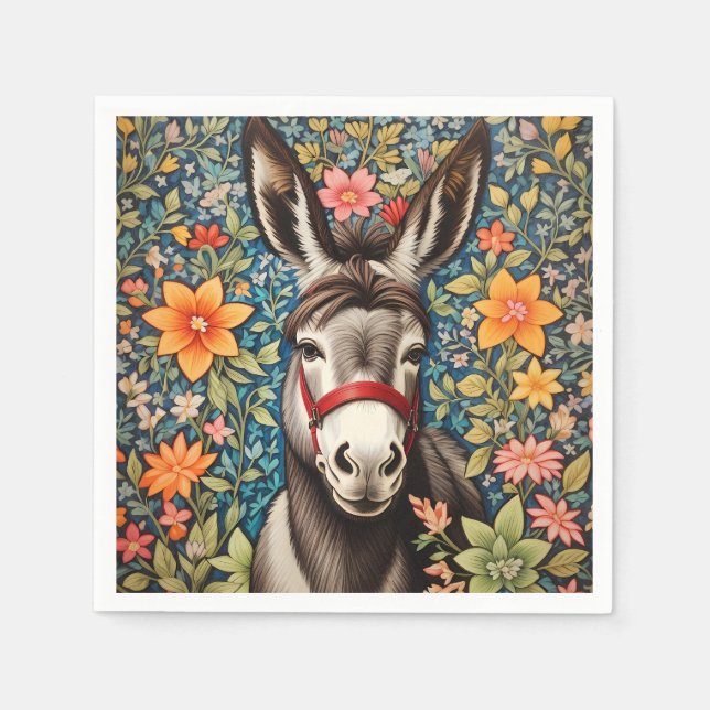 Cute Donkey On Colorful Floral Background Napkins (Front)