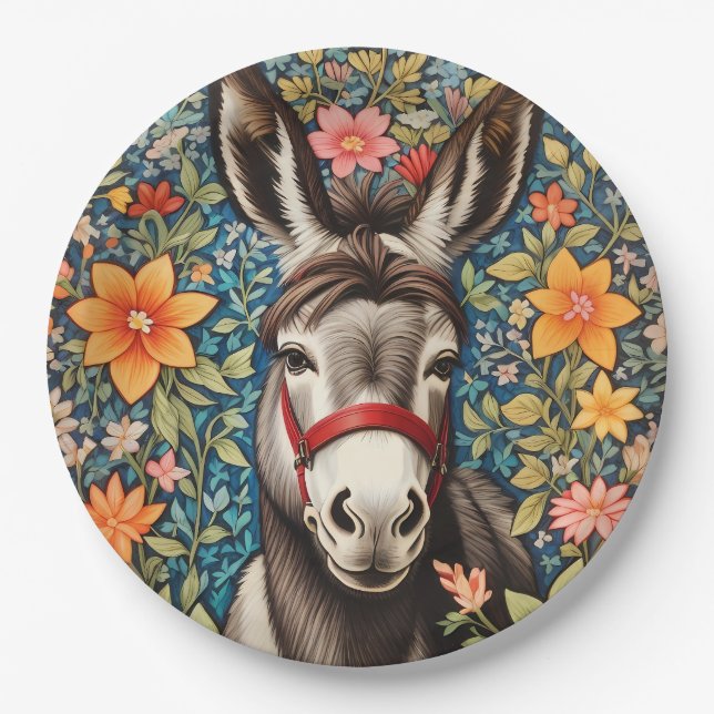 Cute Donkey On Colorful Floral Background Paper Plates (Front)