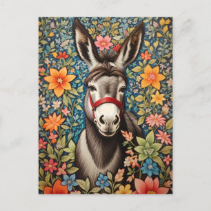 Cute Donkey On Colorful Floral Background Postcard