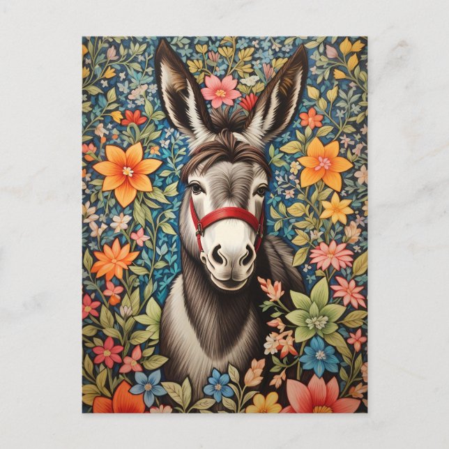 Cute Donkey On Colorful Floral Background Postcard (Front)