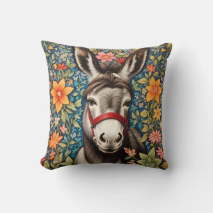 Cute Donkey On Colorful Floral Background Throw Pillow