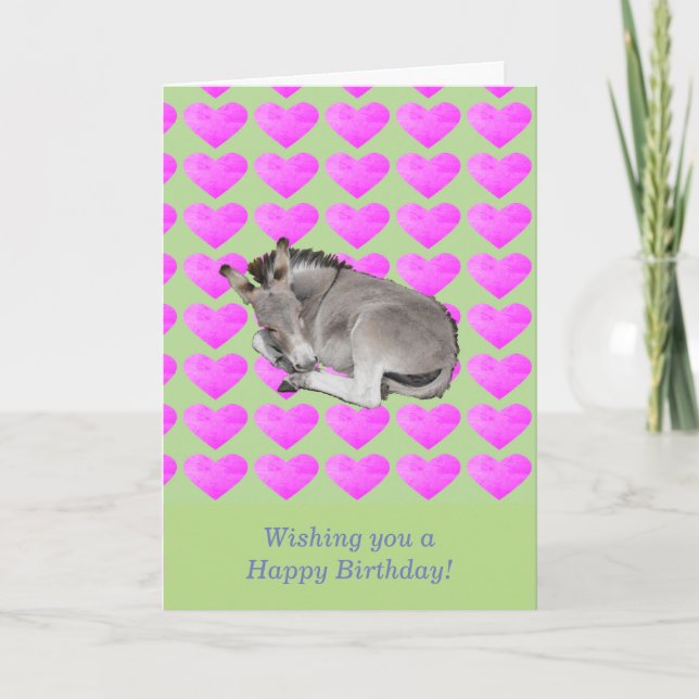 Cute donkey on pink hearts card (Front)