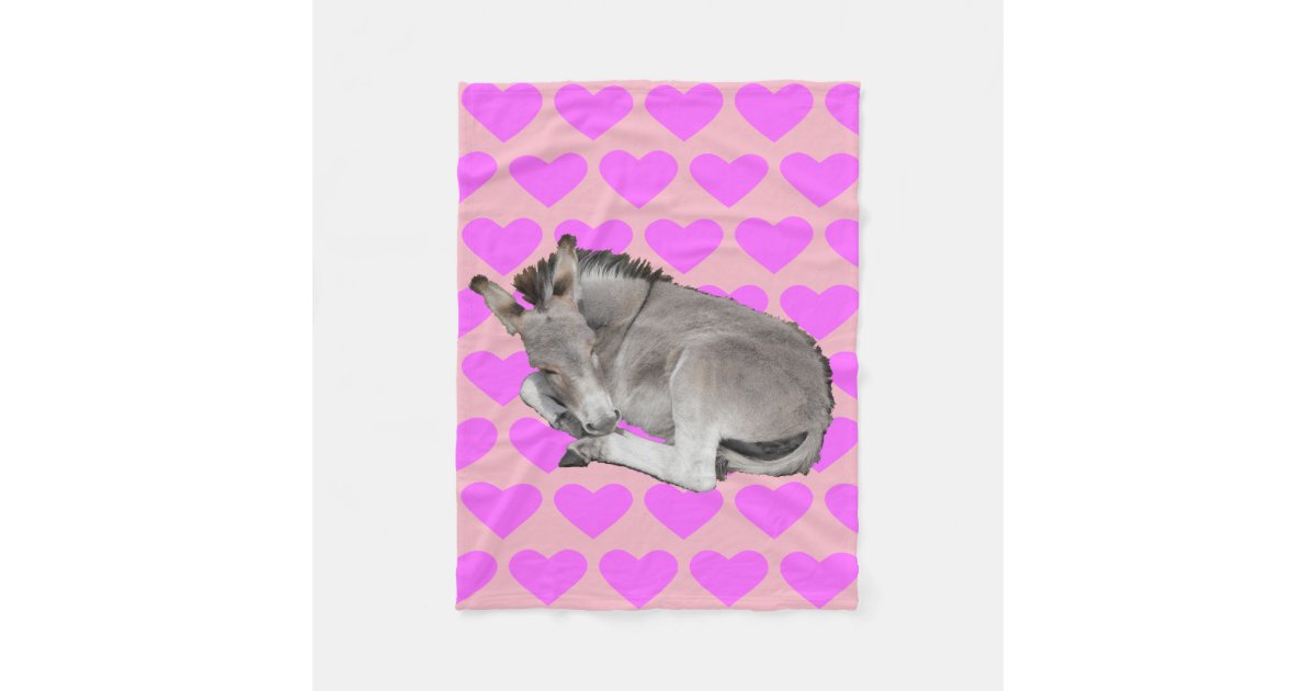 Cute Donkey on Pink Hearts Fleece Blanket Zazzle