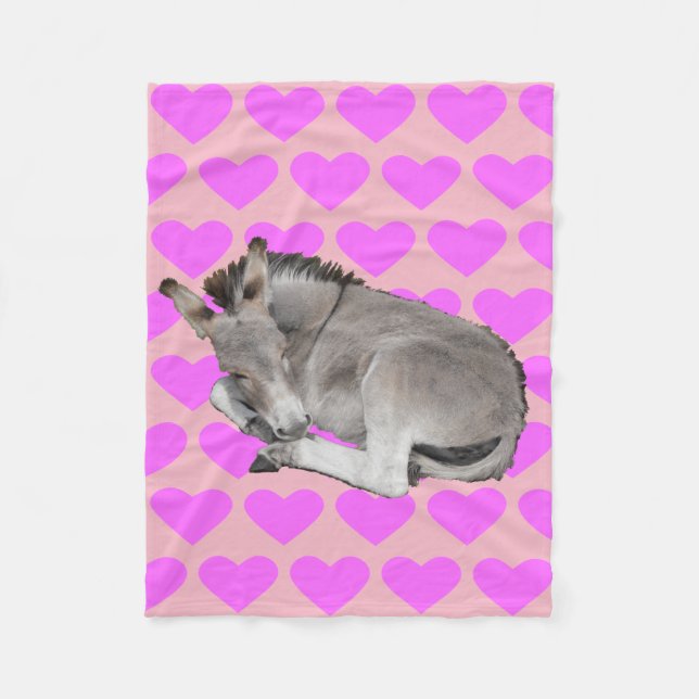 Cute Donkey on Pink Hearts Fleece Blanket (Front)