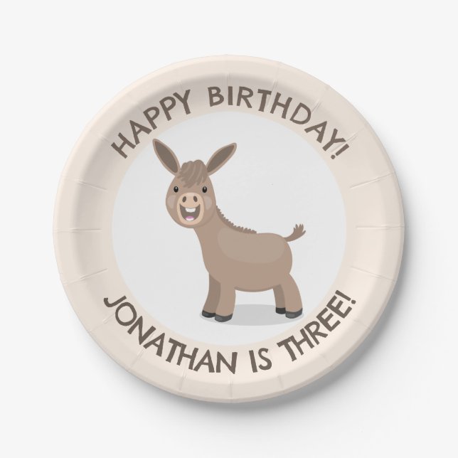 Cute donkey personalized cartoon birthday paper plates (Front)