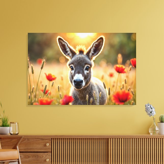 Cute donkey red poppies adorable animal art canvas print (Insitu(LivingRoom))