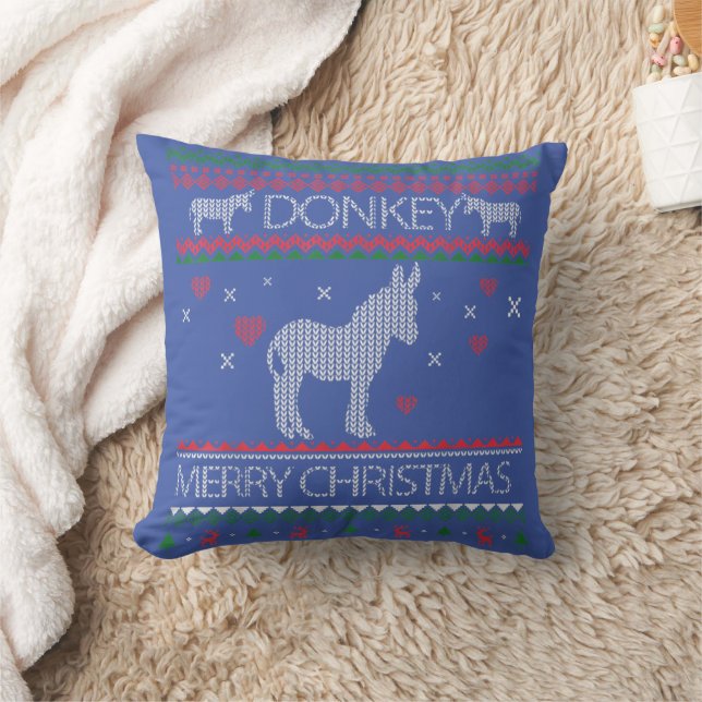 Cute Donkey Ugly Sweater Christmas Holiday Winter Throw Pillow (Blanket)