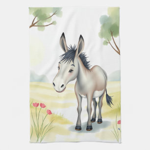 Cute Donkey Watercolor Spring Kitchen Towel