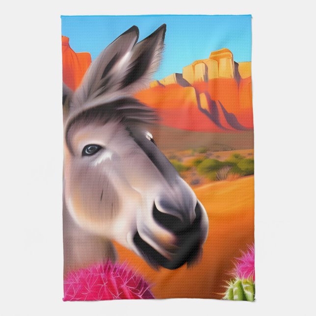  Cute Donkey with flowering cactus  Kitchen Towel (Vertical)