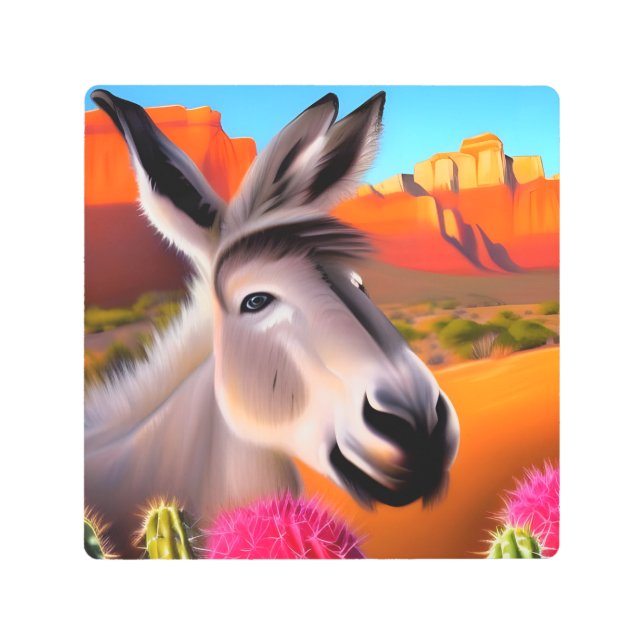  Cute Donkey with flowering cactus   Metal Print (Front)